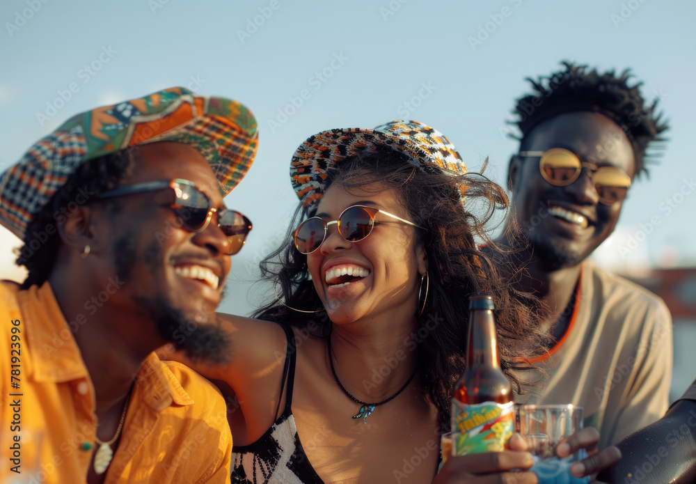 diverse friends smiling and laughing while holding beer bottles at an outdoor rooftop party