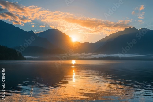 A magnificent landscape of a mountain lake with mountains and sky reflected in it. The concept for the development of tourism, mountaineering, skiing, rock climbing, excursions in the mountains.