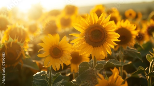 Endless field of sunflowers illuminated by the sun, harvest and agricultural business concept 