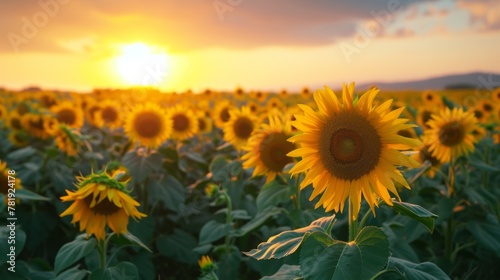 Endless field of sunflowers illuminated by the sun  harvest and agricultural business concept 