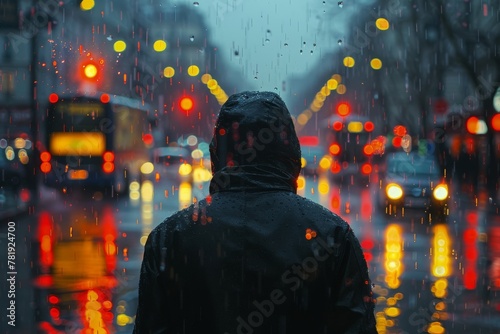 A person in a raincoat is the focal point amidst the rainy city street with vibrant lights, capturing the essence of urban life and solitude