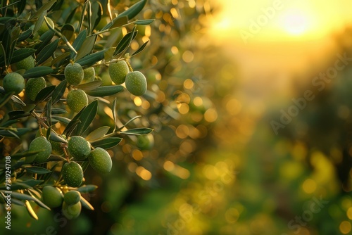 This image captures the beauty of olive branches with ripe olives basking in the warm glow of the sunset, highlighting nature's bounty