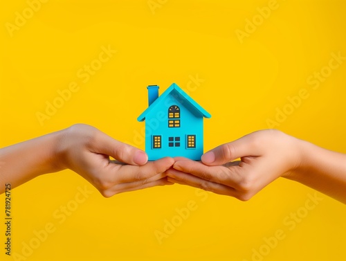 Two hands holding a blue toy house