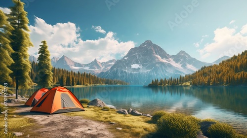 camping in the forest with beautiful lake and mountain views