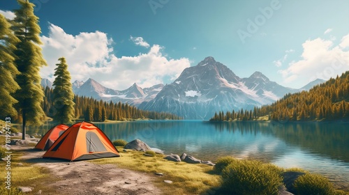 Fototapeta Naklejka Na Ścianę i Meble -  camping in the forest with beautiful lake and mountain views
