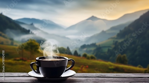 enjoy a cup of hot coffee in the mountains photo