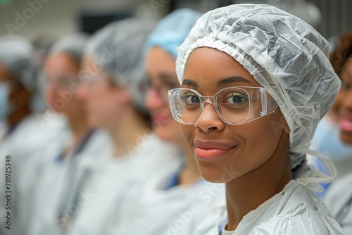 A content healthcare worker in protective gear sharing a smile, representing positivity and dedication in the medical field