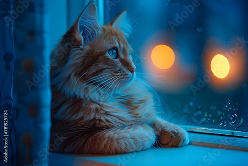 Moonlit Serenity: Ginger Cat on a Blue Tinged Evening. Concept Animal Photography, Nighttime Portraits, Pet Portraiture, Moody Lighting, Feline Companions photo