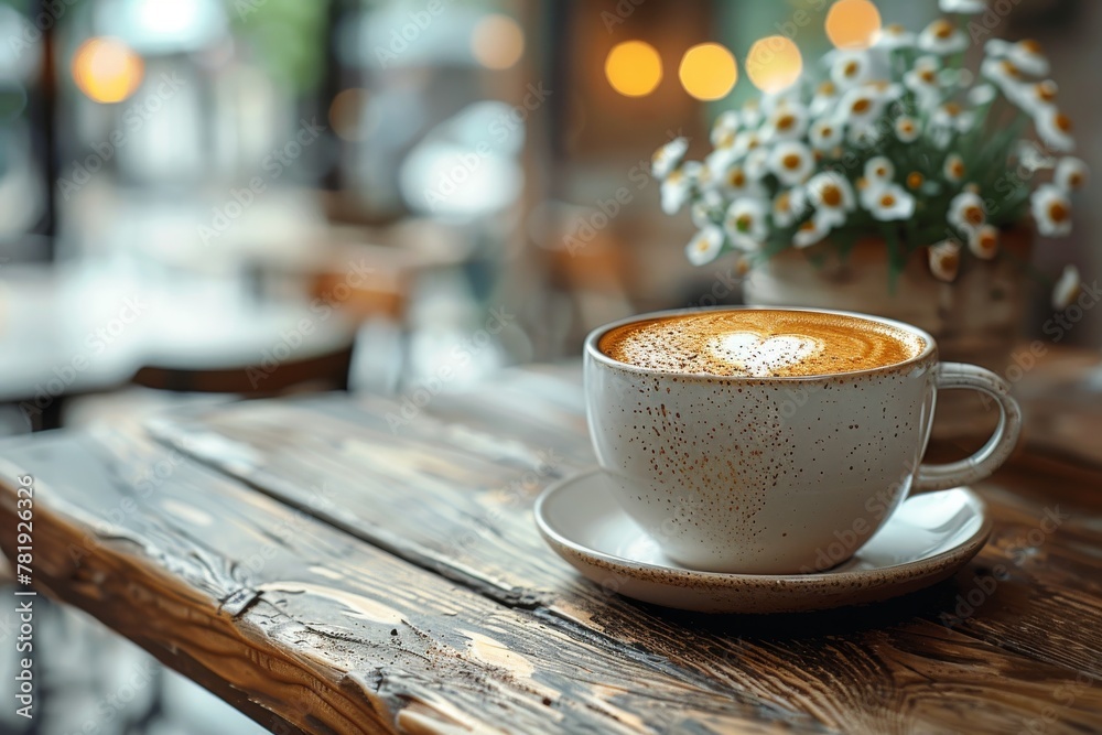 A perfectly crafted latte with heart-shaped foam art, sitting on a rustic wooden table against a cozy cafe backdrop