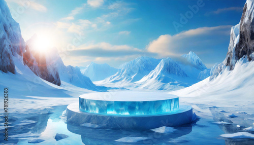 Close-up of an empty ice podium or pedestal for display mockup or products presentation. Snowy and icy mountain peaks in the background with clear blue sky and clouds. Generative Ai. © Alberto Masnovo