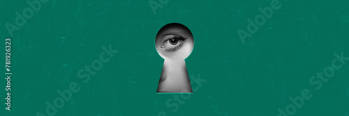 Female eye looking into keyhole on green background. Contemporary art collage. Search for hidden truths. Conceptual design. Concept of creativity, abstract art, imagination and inspiration.