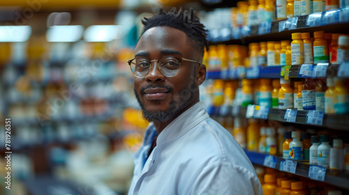 Professional African American male pharmacist standing confidently in a well-stocked pharmacy. Focus on healthcare, professionalism, and customer service.