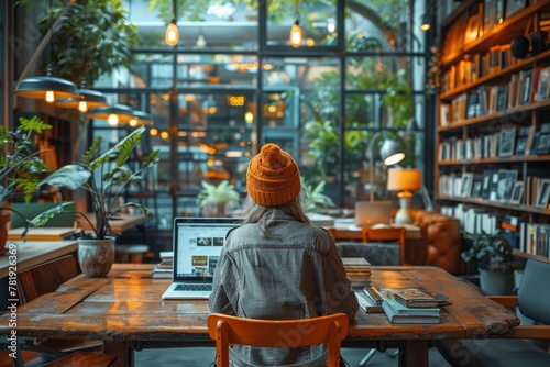 A woman in a beanie is focused on her laptop at a wooden table surrounded by a warm, comforting library setting
