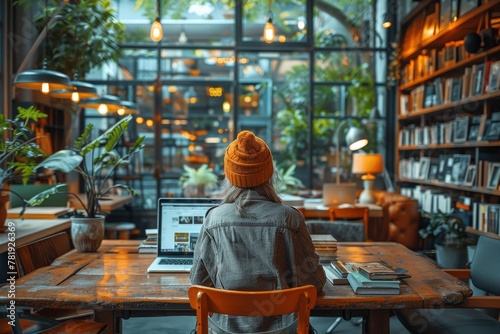 A woman in a beanie is focused on her laptop at a wooden table surrounded by a warm, comforting library setting © Larisa AI