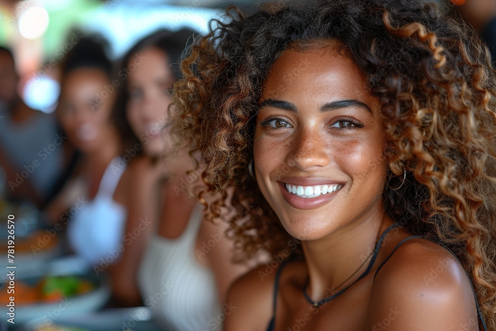Radiant woman with curly hair smiling at a social meal gathering, cheerful mood Radiant woman with curly hair smiling at a social meal gathering, cheerful mood