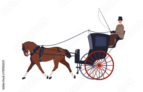 Victorian horse chariot. Vintage 19th century transport. Coachman driving cart. Historic old wagon, medieval vehicle with stallion, coach. Flat vector illustration isolated on white background photo