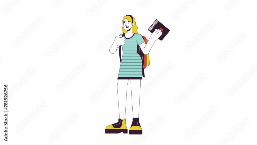 Caucasian college girl holding book line 2D character animation. Bookworm flat color cartoon 4K video, alpha channel. Backpack student female nodding, talking animated person on white background Caucasian college girl holding book line 2D character animation. Bookworm flat color cartoon 4K video, alpha channel. Backpack student female nodding, talking animated person on white background