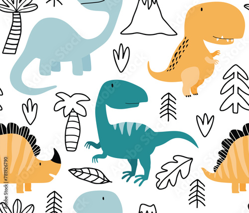  hand drawn cute dinosaur seamless pattern. © dwi