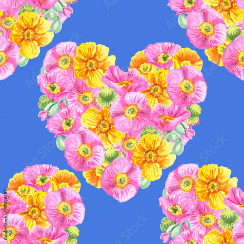 Seamless pattern of Heart shape watercolour illustration. Hand painted poppies pink and yellow blossom flowers. Seasonal spring summer botanical floral elements. On blue background.