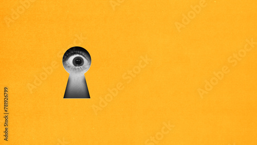 Wide open female eye looking into keyhole on yellow background. Contemporary art collage. Unexpected discoveries. Conceptual design. Concept of creativity, abstract art, imagination and inspiration.