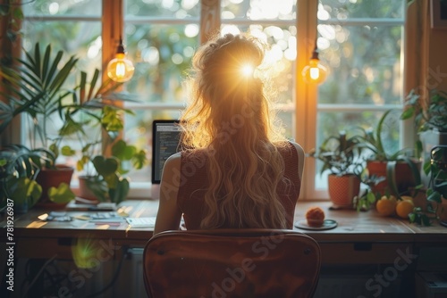 A woman is caught from behind, with sunlight casting a warm glow as she works on her laptop at home surrounded by plants