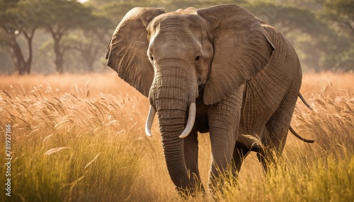 An African elephant strides powerfully through the golden savanna, its tusks gleaming in the warm sunlight amidst tall, amber grass.. AI Generation © Anastasiia