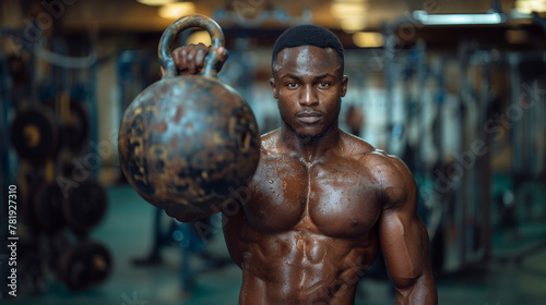 Handsome muscular Black man lifting a kettlebell, focused and sweating in a home gym setting, showcasing strength and determination. © AS Photo Family