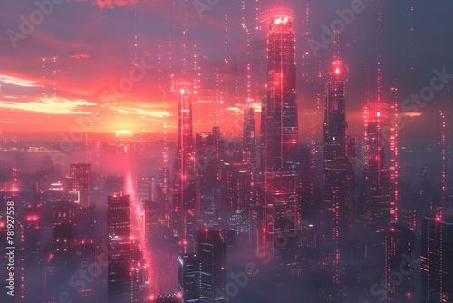 Cybersecurity Dawn: Data Towers Guarding the Digital Horizon. Concept Cybersecurity, Data Towers, Digital Horizon, Data Protection, Network Security
