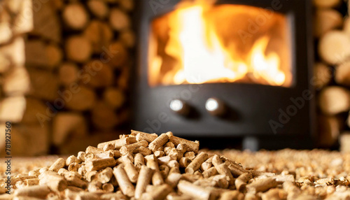 Heating with wood stove with wooden pellets in the foreground. Close-up of a stack of wood pellets and in the background a wood-burning stove with a lively fire and abundant flames. Generative Ai. © Alberto Masnovo