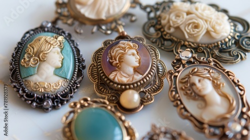 Vintage Cameo Jewelry Collection on White Surface photo
