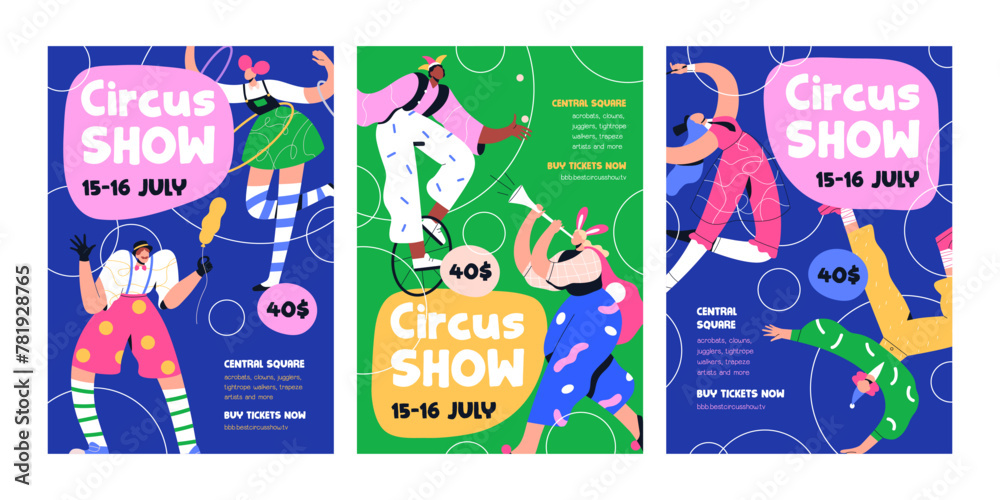 Fototapeta premium Circus show, poster templates. Carnival, festival, inviting card backgrounds. Carnaval placard, vertical flyer designs with clowns, acrobats, jesters and fun characters. Flat vector illustration