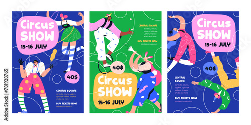 Circus show, poster templates. Carnival, festival, inviting card backgrounds. Carnaval placard, vertical flyer designs with clowns, acrobats, jesters and fun characters. Flat vector illustration