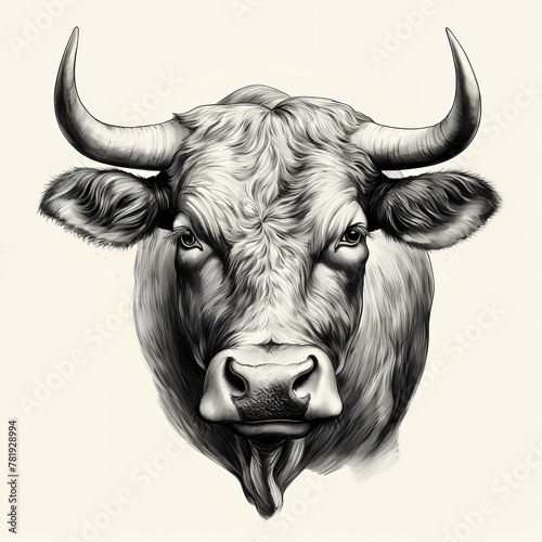 Black and white illustration of bull cow head. Vintage style.