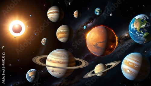 Artistic rendition of the solar system, showcasing planets in orbit around the sun with remarkable clarity and detail.. AI Generation