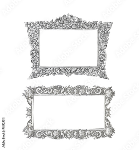 old decorative silver frame - handmade, engraved - isolated on white background © prapann