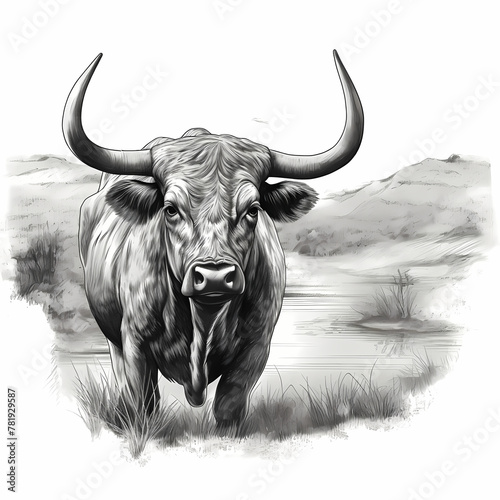 Black and white illustration of bull cow. Vintage style.