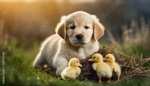 A golden retriever puppy playing with ducklings. photo