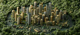 A highly detailed and realistic image of an AI circuit board depicting a city surrounded by forest