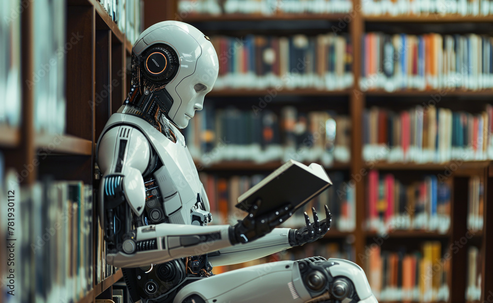 AI robot sitting and reading book in library. Embracing knowledge in the digital age. AI robot sitting and reading book in library. Embracing knowledge in the digital age.