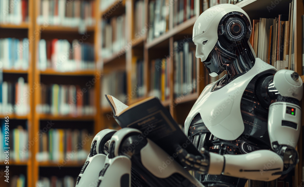 AI robot sitting and reading book in library. Embracing knowledge in the digital age. AI robot sitting and reading book in library. Embracing knowledge in the digital age.