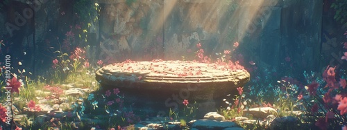 A stone platform with pink flowers around it, sun rays shining on the wall behind it, blurred background photo