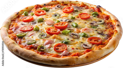 A mouthwatering supreme pizza topped with tomatoes, bell peppers, olives, mushrooms and melted cheese on a baked golden crust, isolated on a transparent background - a classic and delicious treat