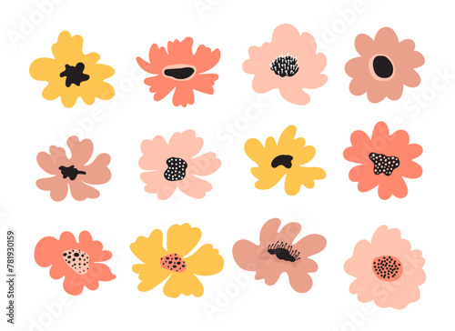 Simple doodle flower set. Trendy color botanical elements