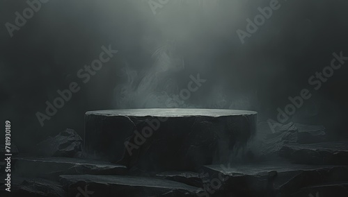 A stone round podium on a dark background with fog and a mountain scene for product presentation. 