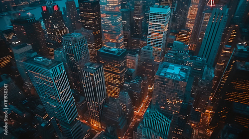 Aerial Shot from a Helicopter Around Manhattan , Modern Skyscrapers Blocking view on Crowded Times Square Area with Tourists , New York , big city , buildings , night view , lights 