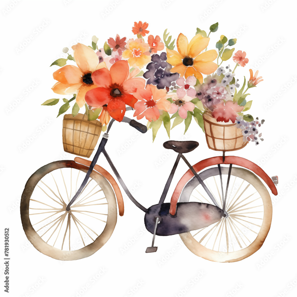Bicycle watercolour illustration. Romantic travel style