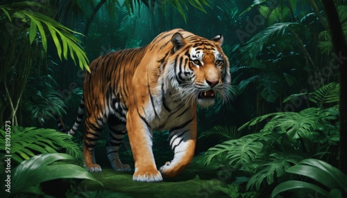 A powerful Bengal tiger emerges with a stealthy gaze in the lush greenery of a dense jungle  exuding danger and beauty.. AI Generation