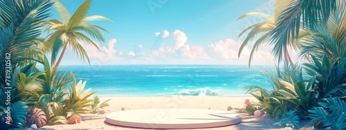 podium with beach background, tropical summer landscape with palm trees and ocean waves. 
