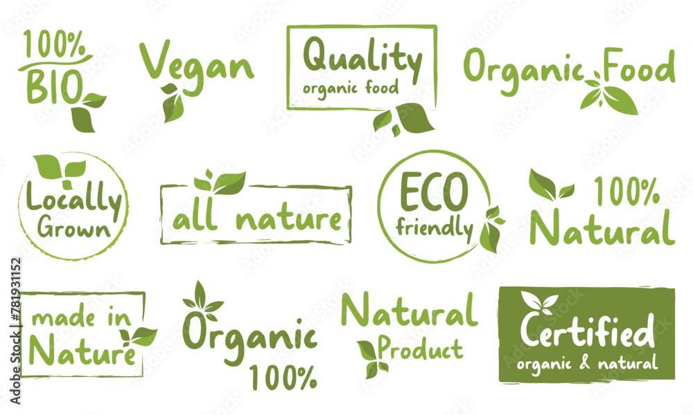 Organic food, natural product stickers, badge and tag for organic, natural products promotion, food market and more.