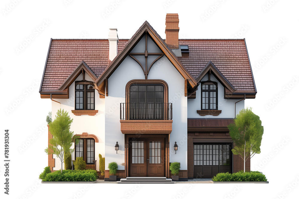 Modern English house with a a lot of windows isolated on transparent Background.